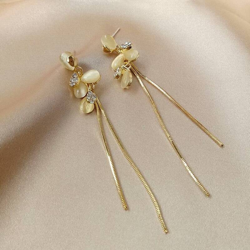 Opal flower long tassel earrings