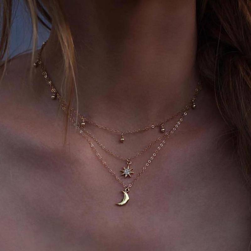 multi-layer full diamond star moon necklace