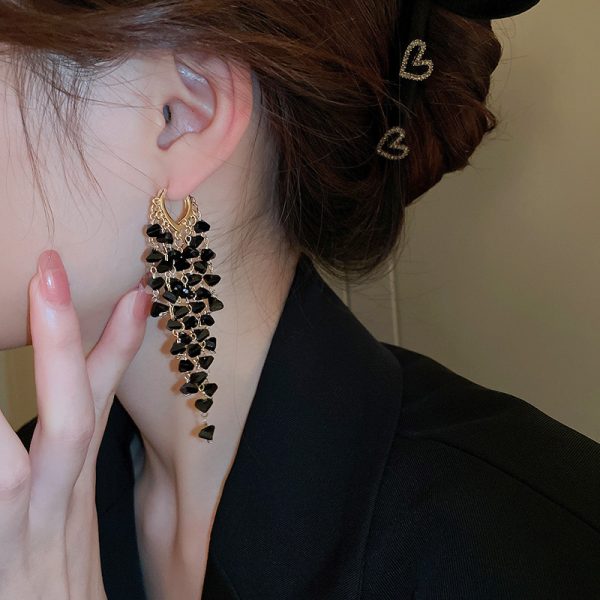 Black Crystal Tassel Luxury Earrings