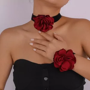 Black Lace Red Rose Flower Collar Choker and Bracelet