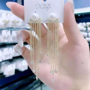 Pearl Rhinestone Long Tassel Earrings