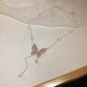 Freshwater Gold Butterfly Pearl Tassel Necklace