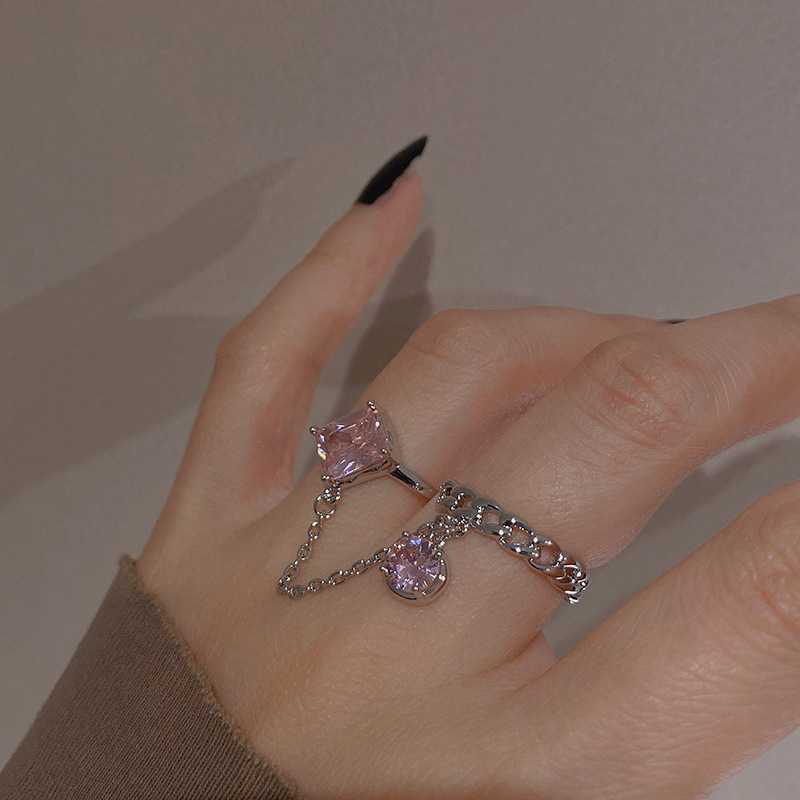 Pink Stone Double Finger Chain Tassel Ring