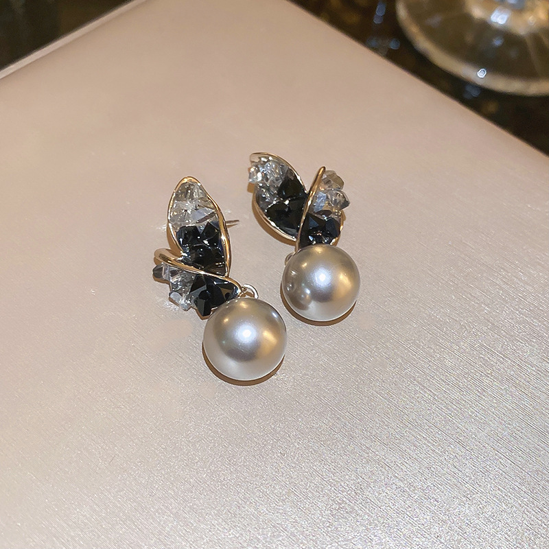 Silver Crystal Pearl Leaf Earrings