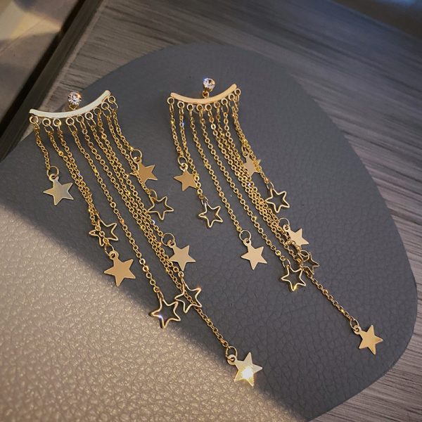 Silver Needle Long Star Tassel Earrings