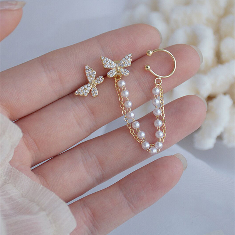 Two Wearing Butterfly Ear Clip Integrated Pearl Chain Tassel Earrings