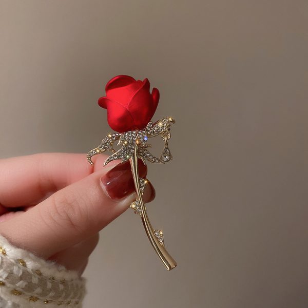 Diamond Encrusted Red Rose Brooch
