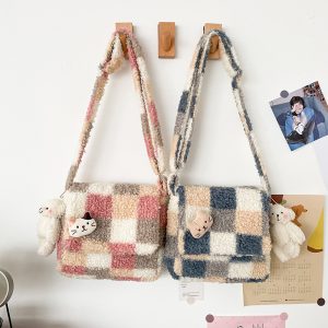 Japanese lamb Wool Plaid Shoulder Bag