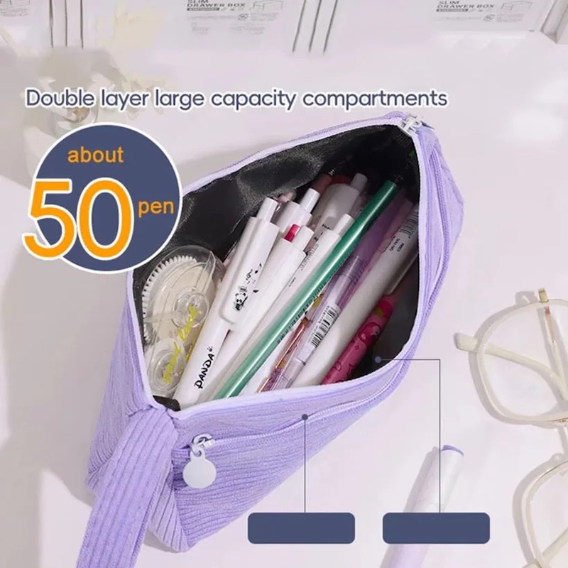Corduroy Large Capacity Dual Chamber Pencil Bag