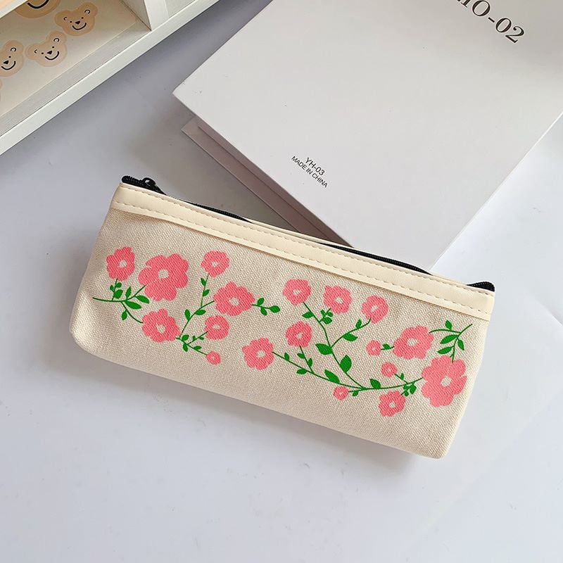 Aesthetic Floral Themed Canvas Pencil Bag pink flower