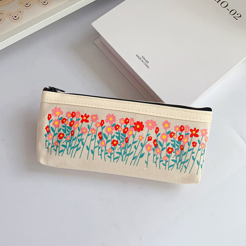 Aesthetic Floral Themed Canvas Pencil Bag red flower