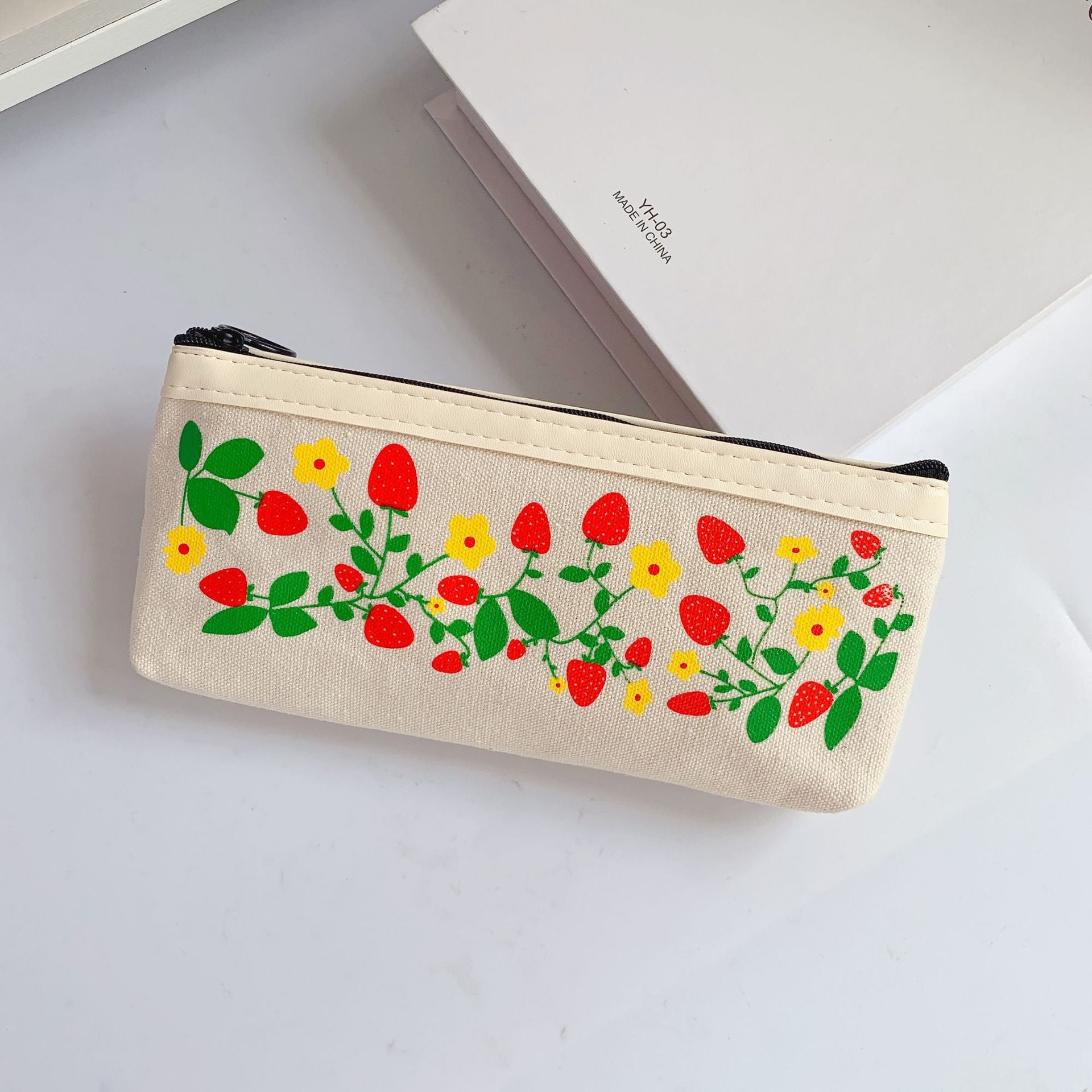 Aesthetic Floral Themed Canvas Pencil Bag strawberry