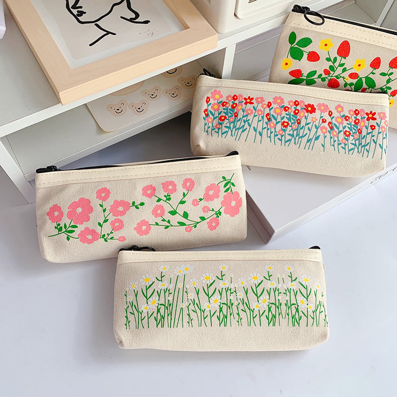 Aesthetic Floral Themed Canvas Pencil Bag