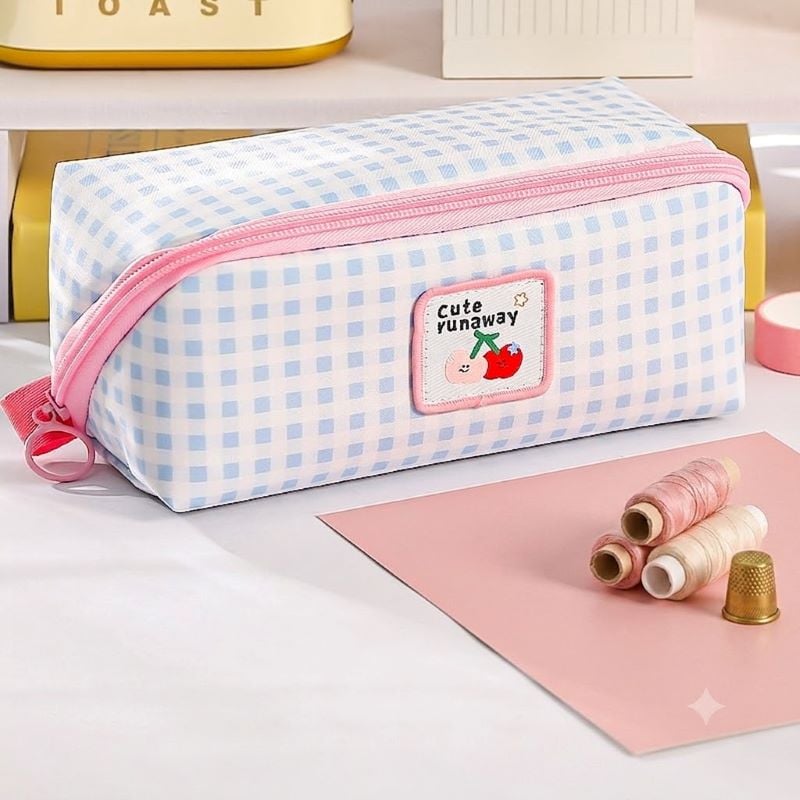 New Cartoon Large-Capacity Plaid Pencil Case blue