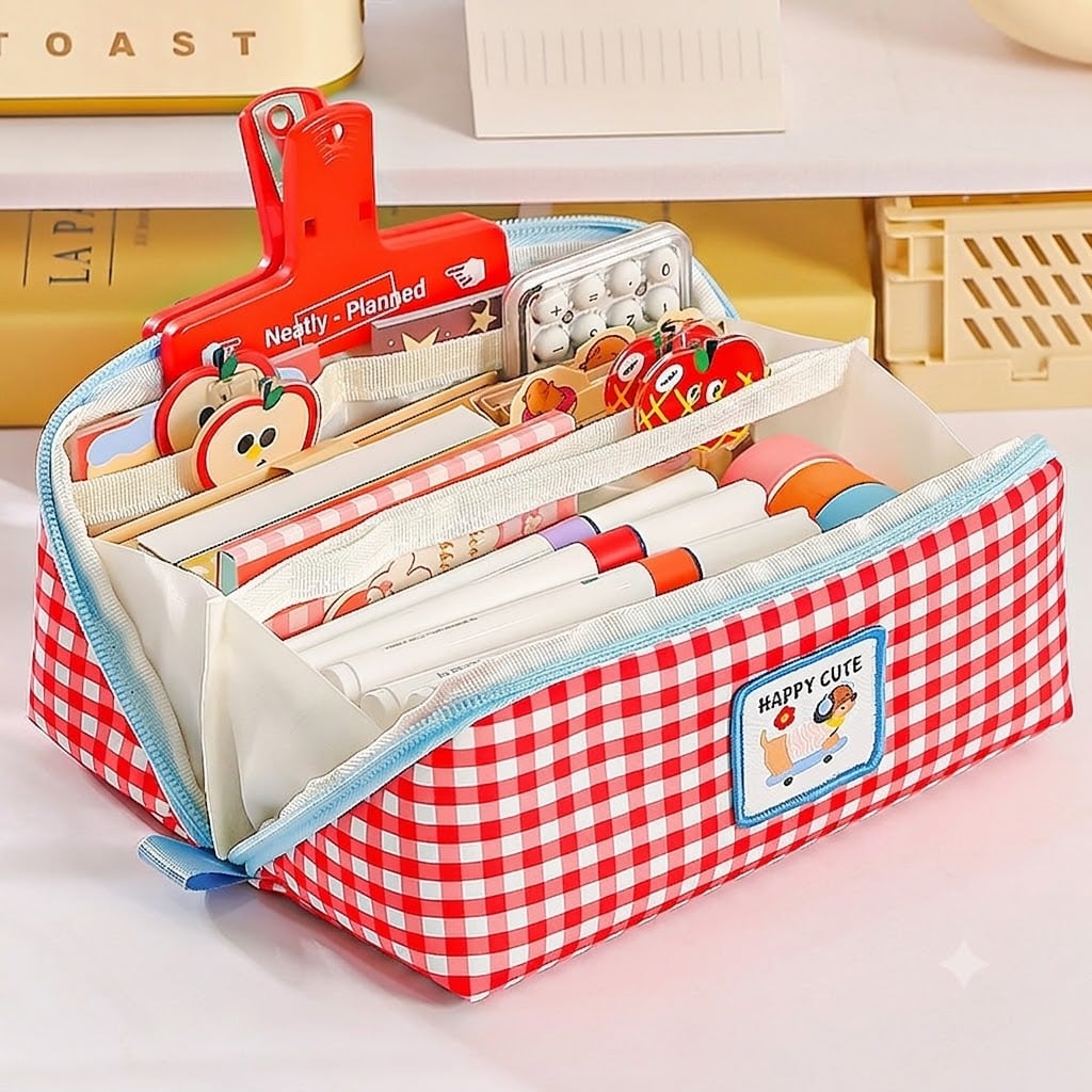 Dopamine Cute Cartoon Large-Capacity Plaid Pencil Case - Image 2