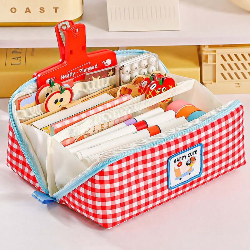 Dopamine Cute Cartoon Large-Capacity Plaid Pencil Case - Image 2