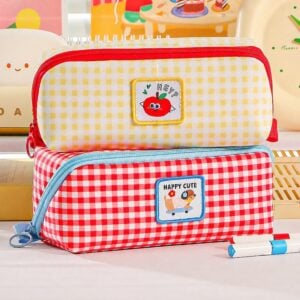 Dopamine Cute Cartoon Large-Capacity Plaid Pencil Case