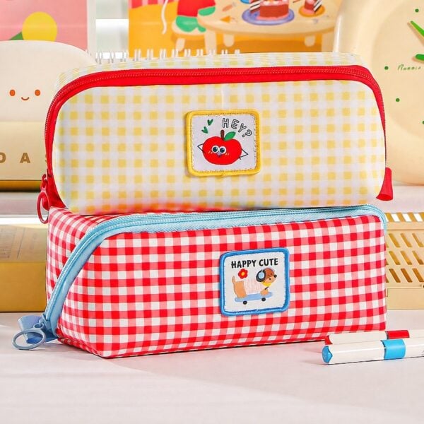 Dopamine Cute Cartoon Large-Capacity Plaid Pencil Case