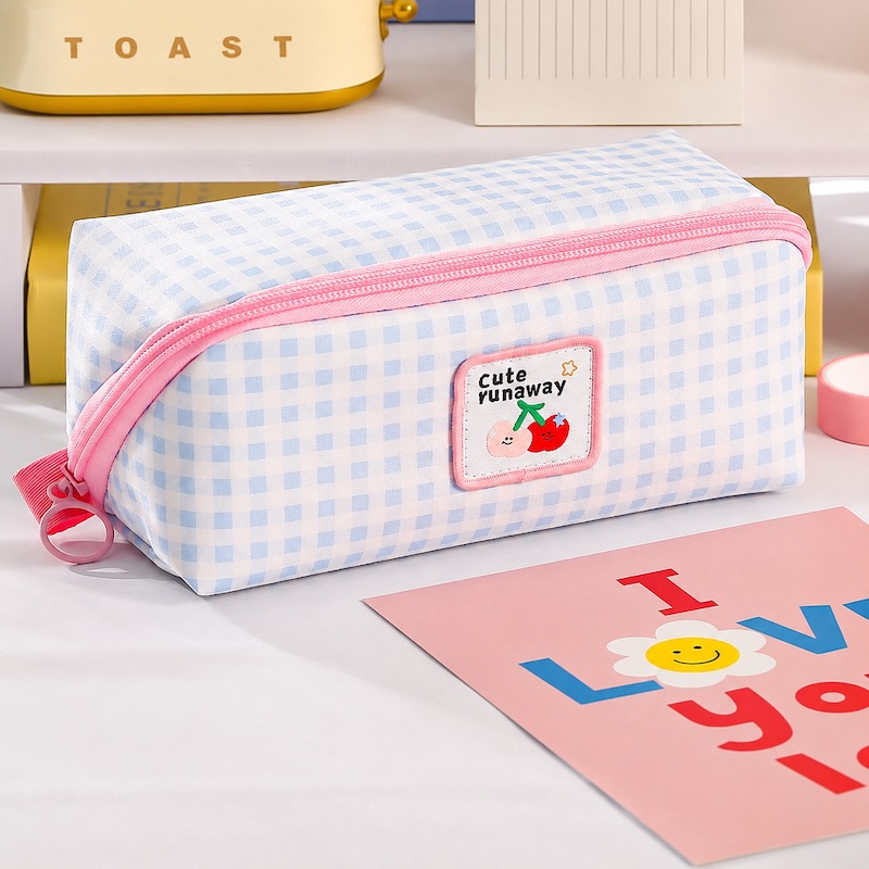 Dopamine Cute Cartoon Large-Capacity Plaid Pencil Case