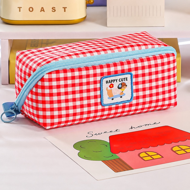 Dopamine Cute Cartoon Large-Capacity Plaid Pencil Case